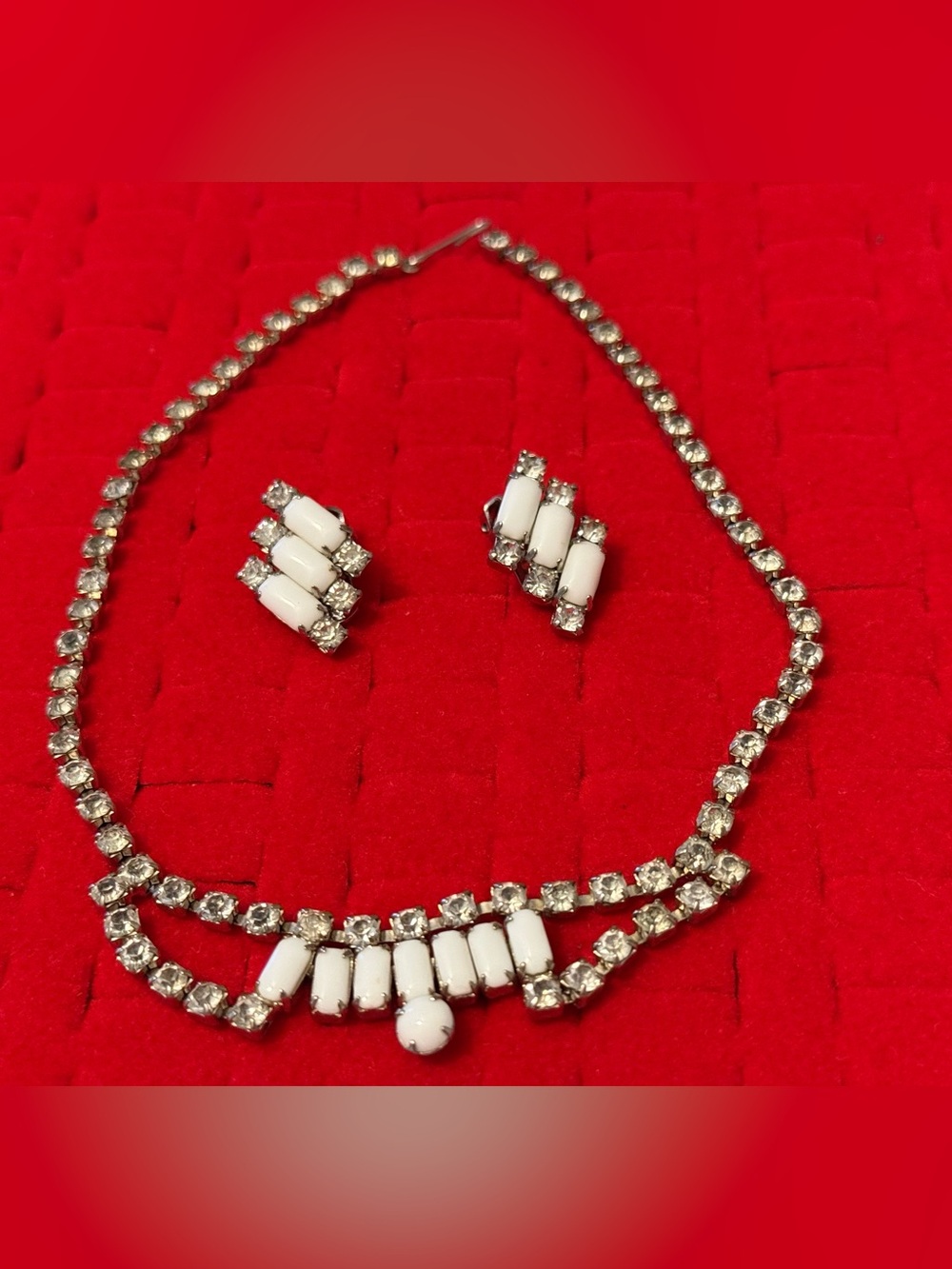 Vintage Milk Glass Rhinestone Necklace Earring Set